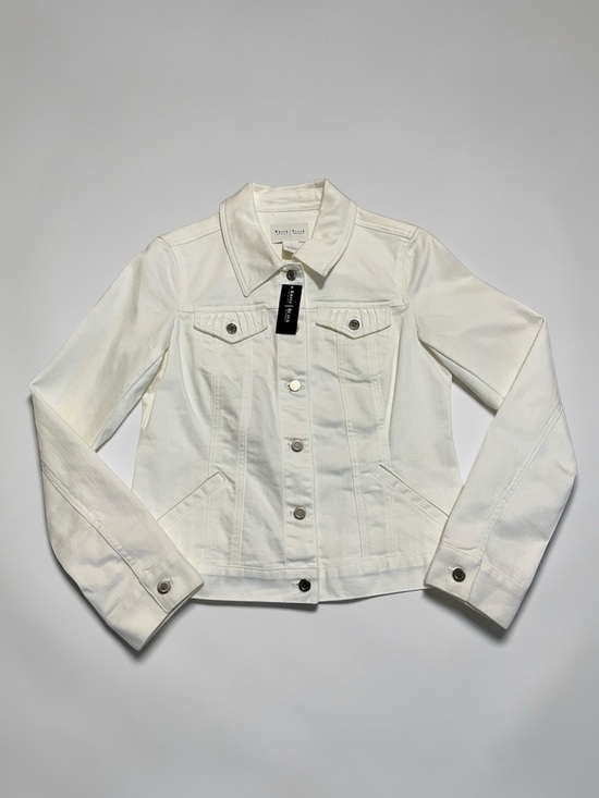 NWT WHBM Cropped Pleated Denim Trucker Jacket in White Size 4 - Picture 2 of 9